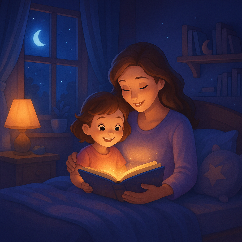 Parent and child reading bedtime story together